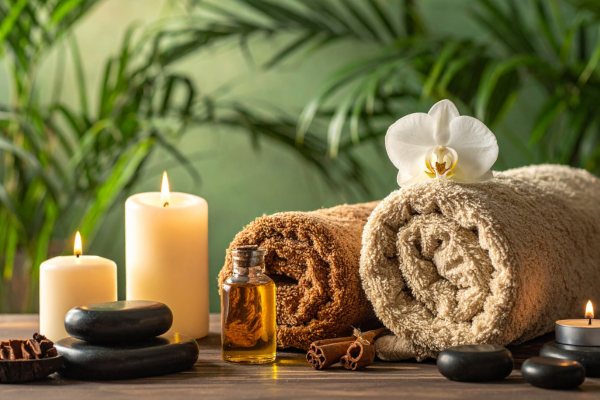 Aromatherapy oils, candles, and towels